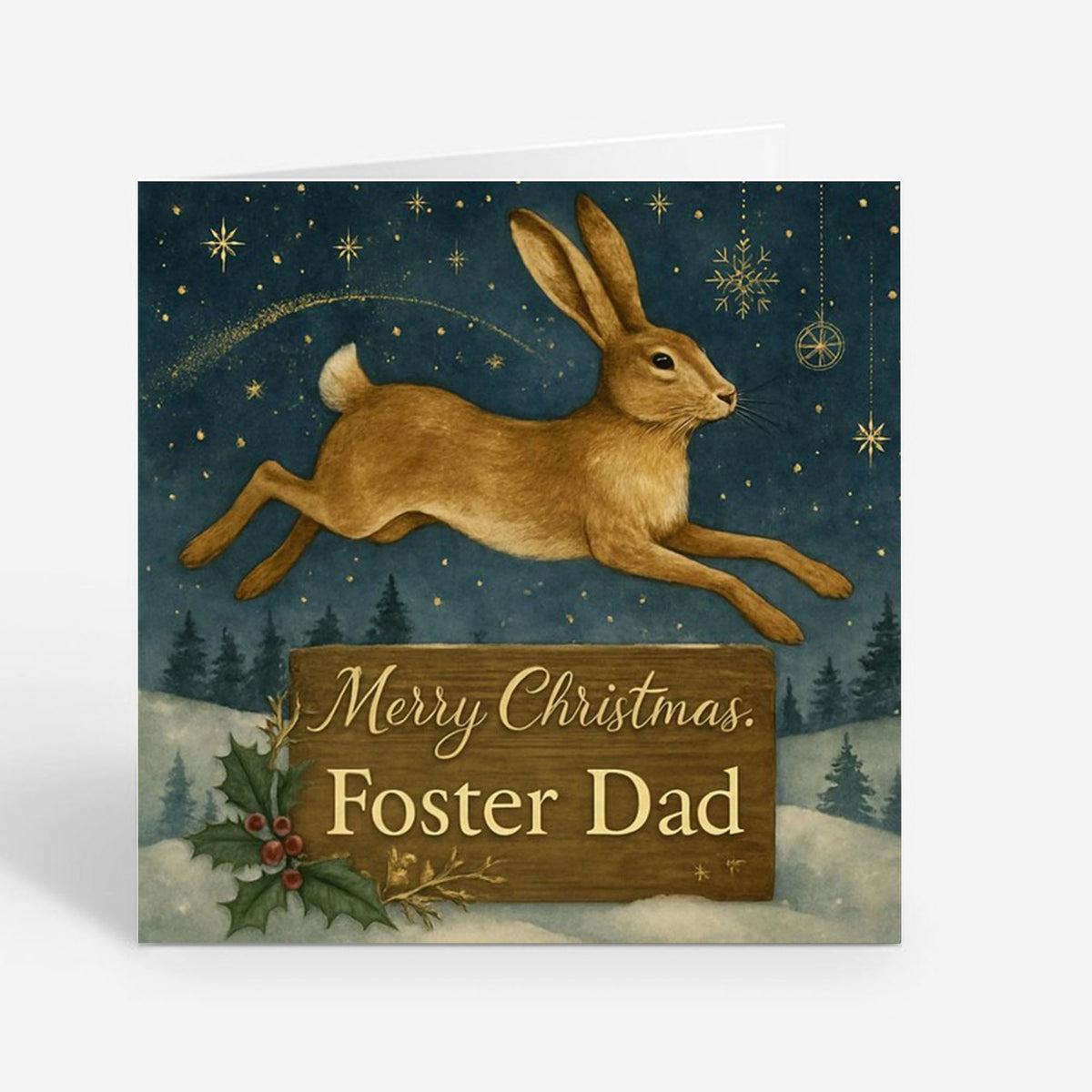 6x6" Greetings Card - Festive hare design with snowy forest landscape and personalized message