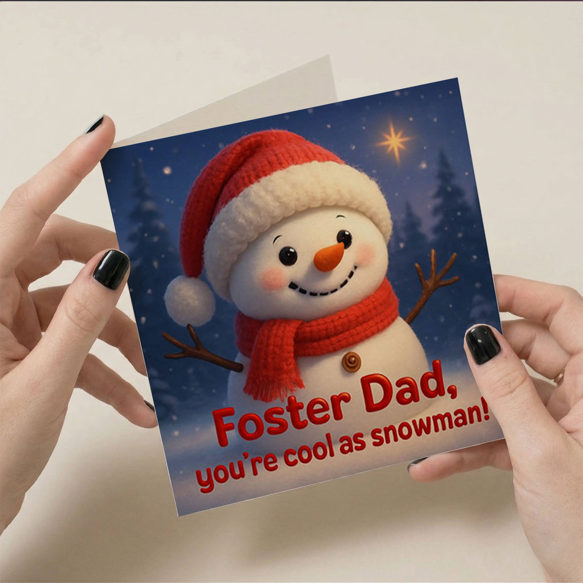 6x6" Greetings Card - Cheerful snowman in red hat and scarf with Foster Dad message