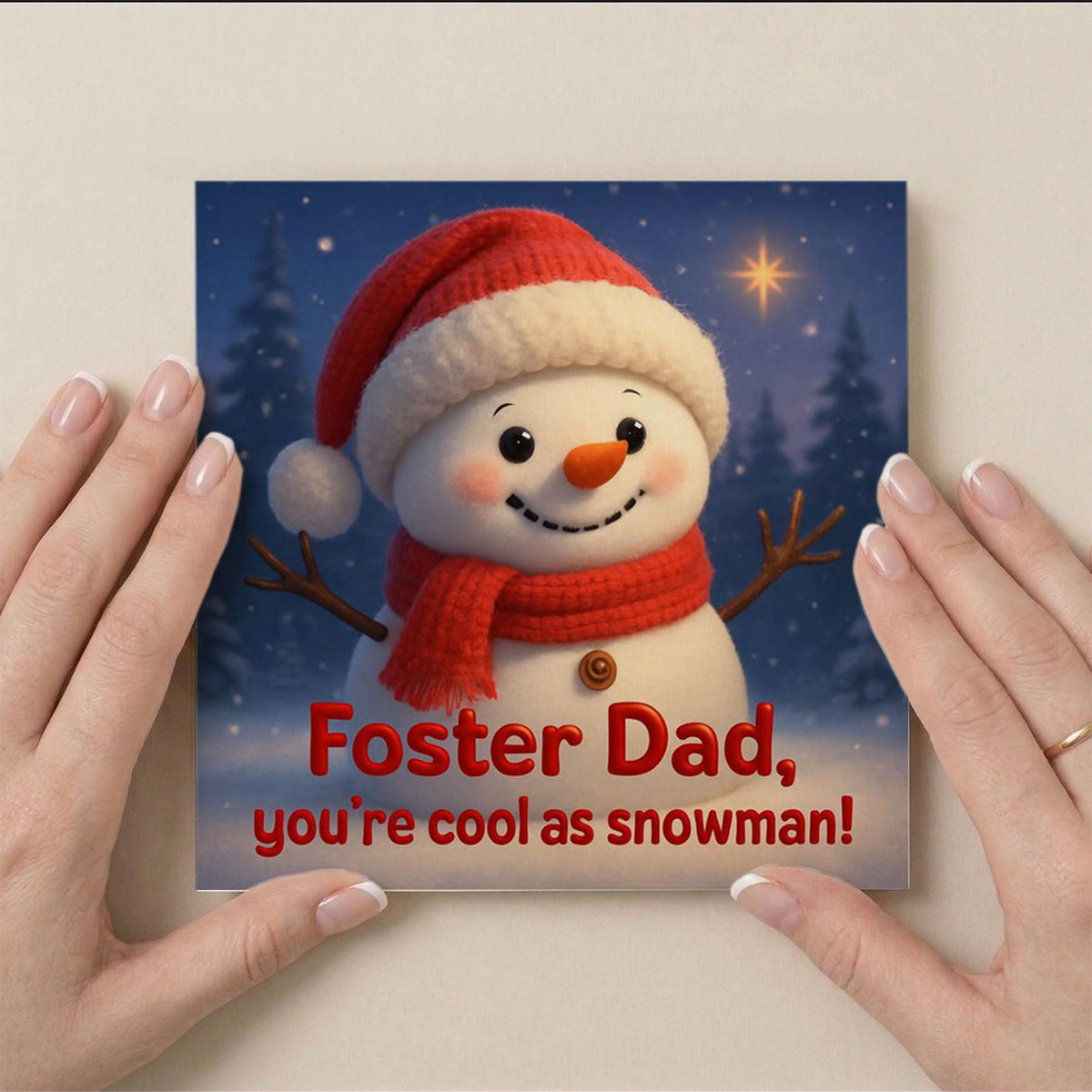 6x6" Greetings Card - Winter snowman with twinkling stars on snowy backdrop