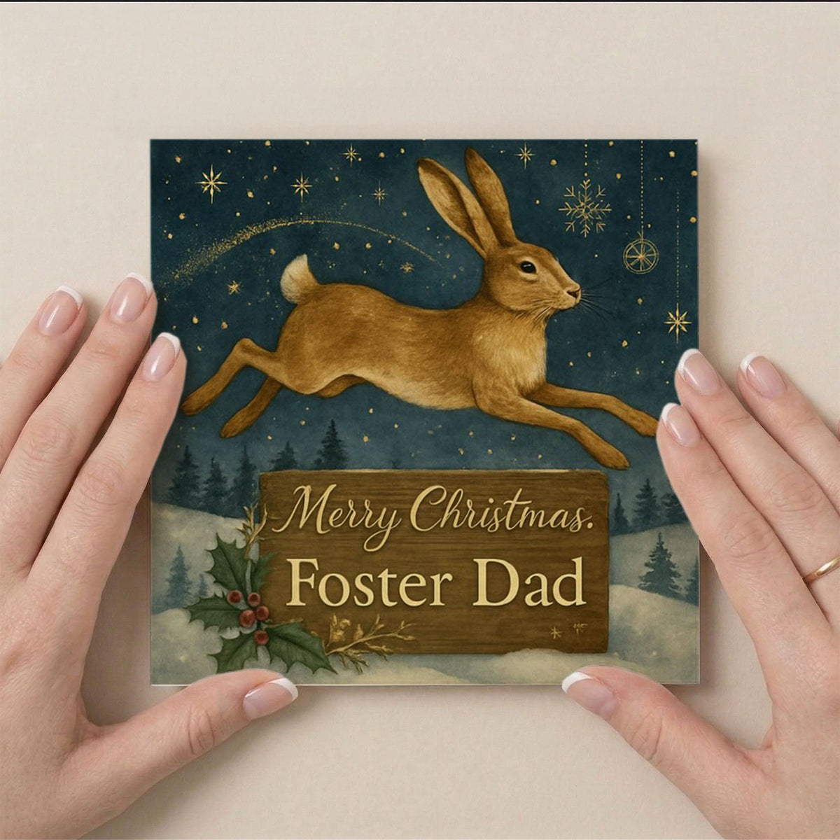 6x6" Greetings Card - Personalised Christmas card for foster dad with winter woodland scene
