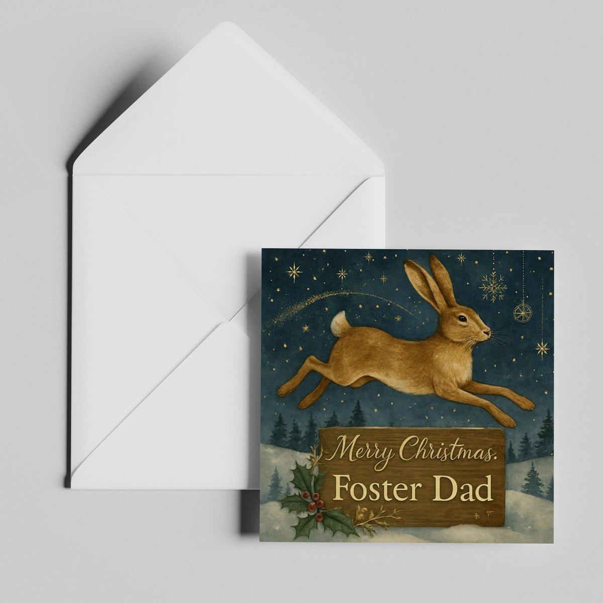 6x6" Greetings Card - Luxury greeting card showing golden rabbit among gold stars and holly