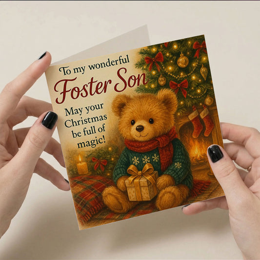 6x6 Greetings Card - Teddy bear in red scarf and green jumper holding a gift under a decorated Christmas tree