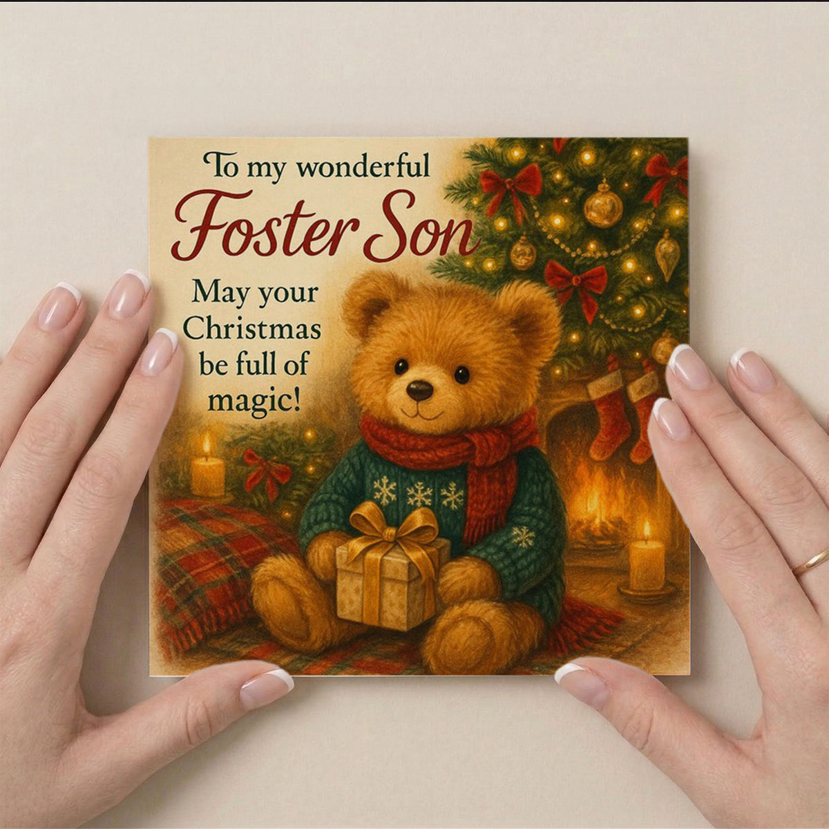 6x6 Greetings Card - Cosy festive scene with candlelight, gold baubles and heartfelt greeting text