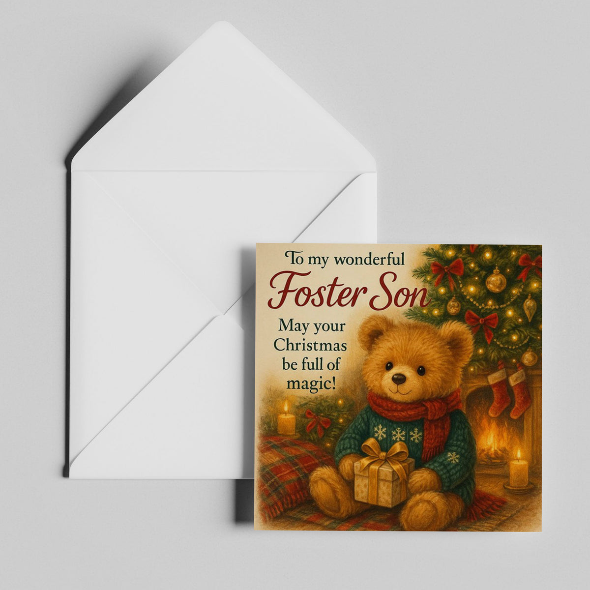 6x6 Greetings Card - Illustrated teddy bear surrounded by Christmas decorations and warm golden lighting