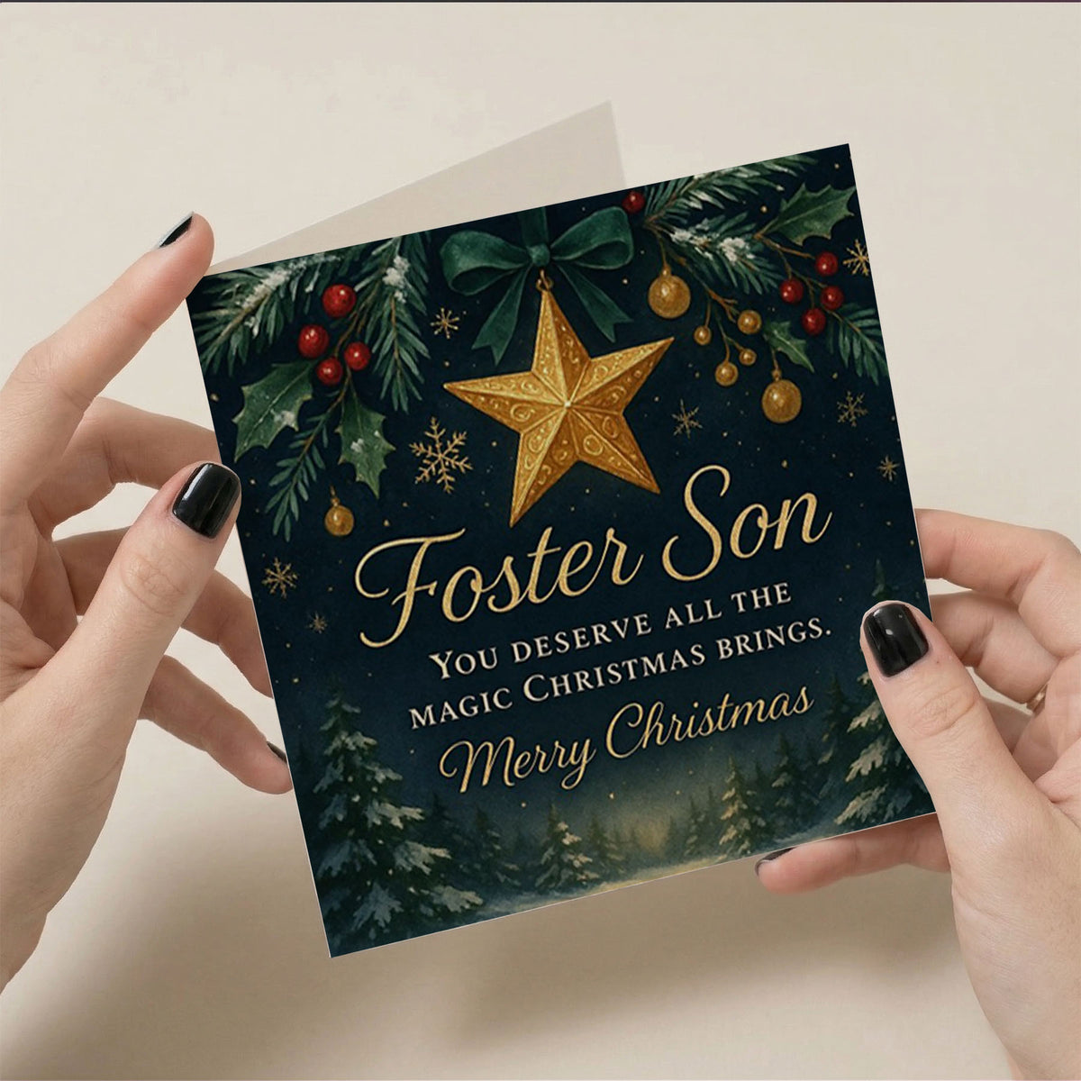 6x6 Greetings Card - Elegant Christmas design with golden star, red berries, evergreen branches and navy background