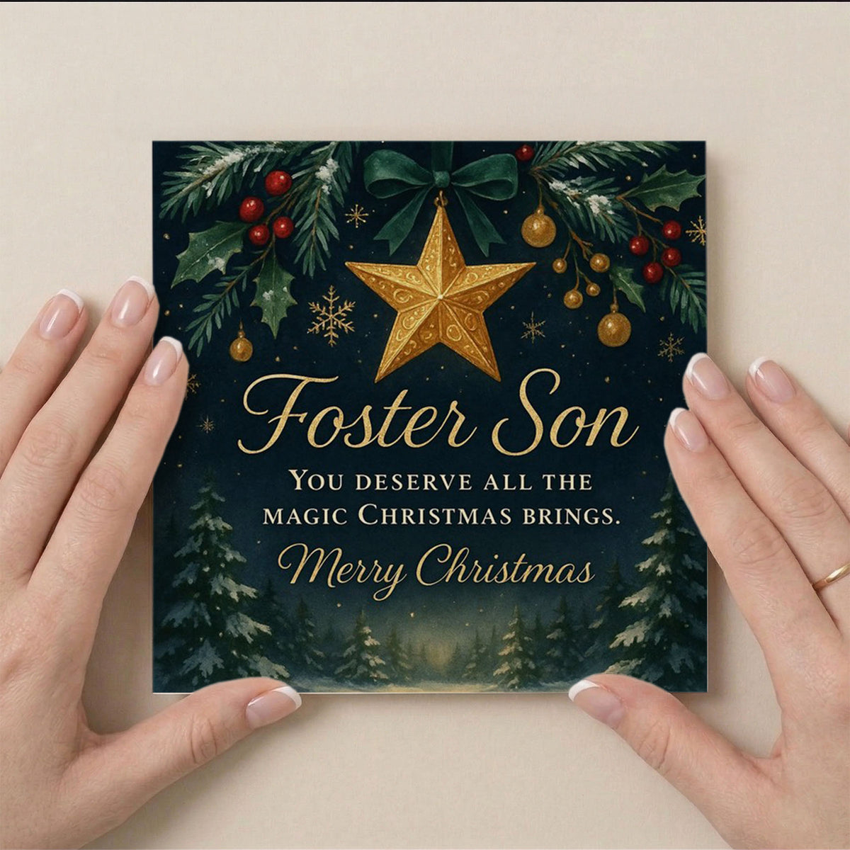 6x6 Greetings Card - Foster Son Christmas greeting with gold text and festive ornament decorations