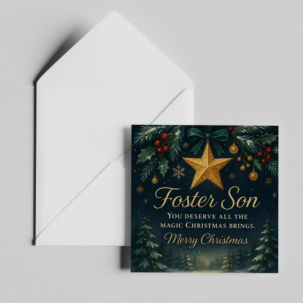 6x6 Greetings Card - Luxury holiday card showing winter forest scene with snow-dusted trees beneath starry night