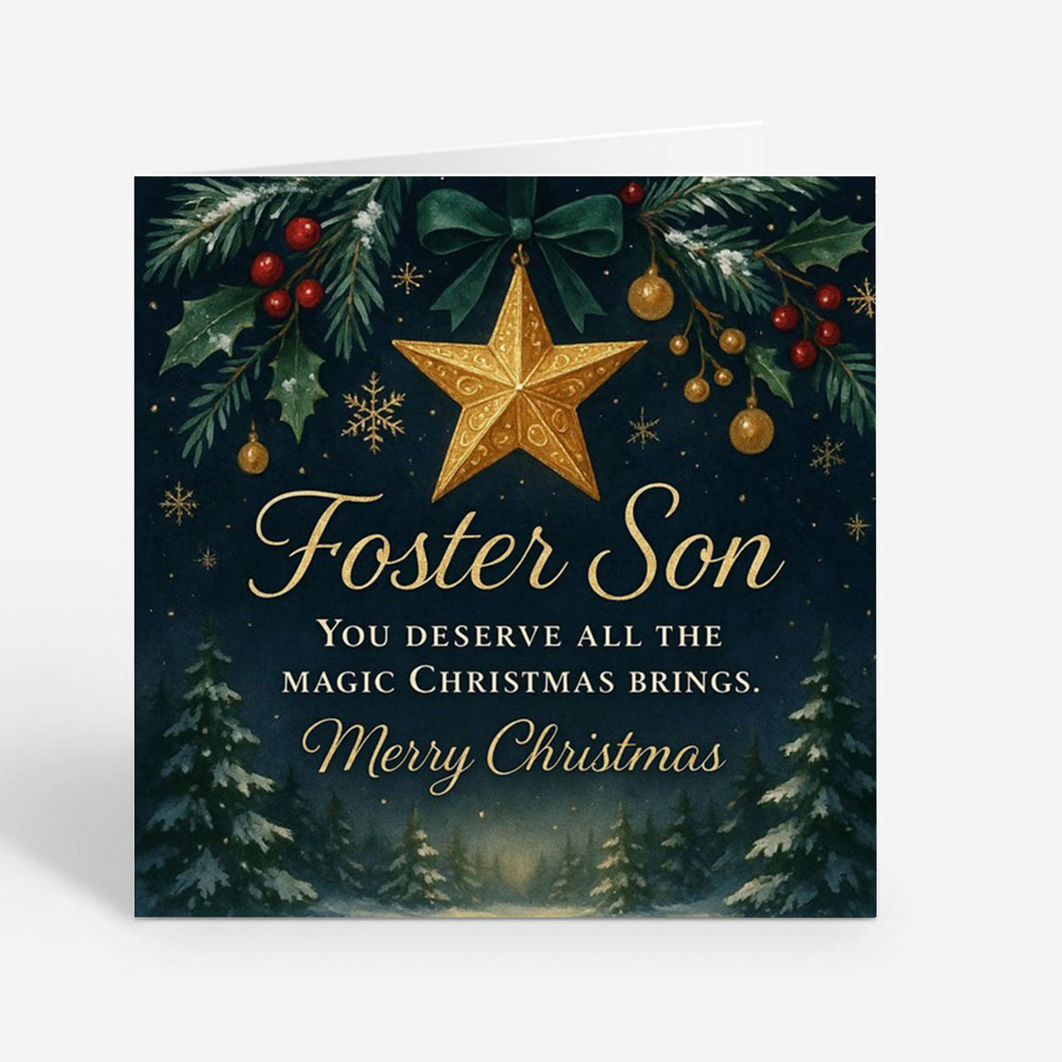 6x6 Greetings Card - Premium card with envelope featuring message and seasonal decor in gold and deep green tones